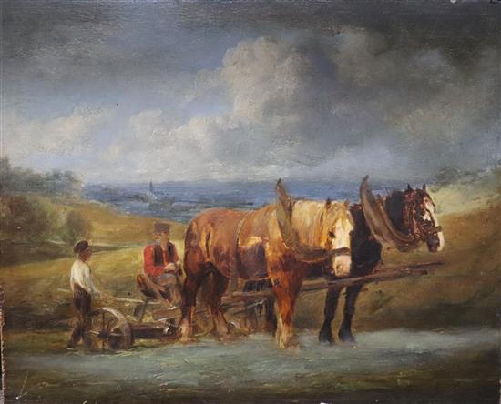 English School c.1860, oil on panel, Ploughmen in a field